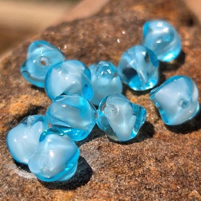 10 Vintage German Glass Beads | Aqua Blue & White Swirl | 7mm Nugget Twist - Image 1 of 4