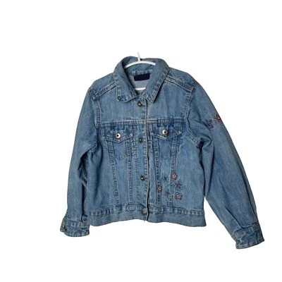 Girls Size 4/5 Denim Jean Jacket Embroidered Stars Stripes 100% Cotton Button Up - Image 1 of 4