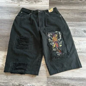 NWT Vintage 90s Black Exhaust Bad-Fit Denim Shorts Urban Streetwear Deadstock - Picture 1 of 12