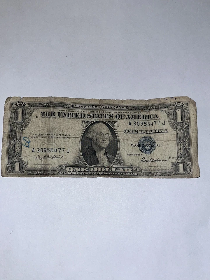 1935 F Series RARE ERROR DOLLAR BILL SILVER CERTIFICATE BLUE SEAL - Image 1 of 3