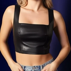 7 For All Mankind Womens Faux Leather Sleeveless Crop Top Black Size Small Y2k - Picture 1 of 9