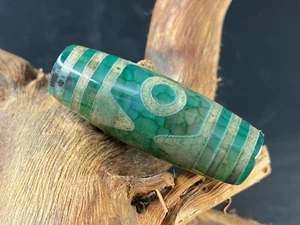 Ciondolo perline DZi vecchia agata verde tibetano *dente di tigre 3 occhi* 39 mm N10 - Foto 1 di 7