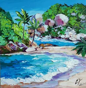 Original oil painting Tropical Laguna beach artwork Ocean Seychelles art 10*10in - Picture 1 of 11
