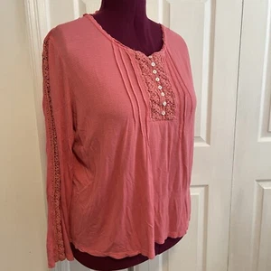 Soft Surroundings Damen Gr. L rosa Henley Häkelborte Gabby Langarm Top - Bild 1 von 9
