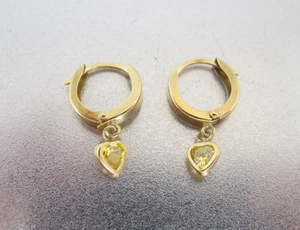 14K Yellow Gold Huggie Hoop Citrine Heart Dangle Earrings - Picture 1 of 9