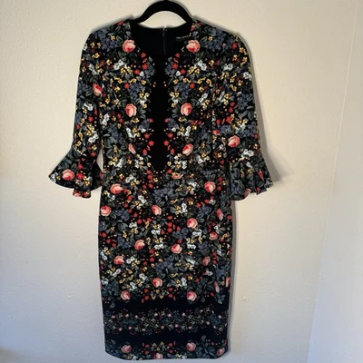 Maggy London Dress Size 8 Black Multi-Color Floral Print Bell Sleeve Sheath - Image 1 of 4