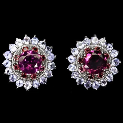 925 Sterling Silver Earrings Round Rhodolite Garnet Tanzanite Gemstone Jewelry - Image 1 of 4