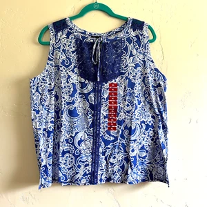 Rafaella women's cotton sleeveless crochet front tie closure blue/white size XL - Picture 1 of 8