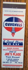 JOE'S PLACE & STANDARD GASOLINERA MATCHBOOK COVER: MOMENCE, ILLINOIS -E22 - Imagen 1 de 2