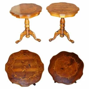 PAIR OF VINTAGE ITALIAN MARQUETRY INLAID BURR WALNUT & MAHOGANY SIDE END TABLES - Picture 1 of 12