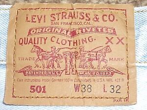 LEVI 501 MADE IN USA 1992, PALE BLUE AS ISSUED, ACTUAL = W36 X L32 PREWORN, XLNT