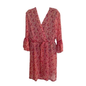 Oscar De La Renta Pink Geometric Floral Ruffle Sleeve Belted Short Robe Size S - Picture 1 of 9