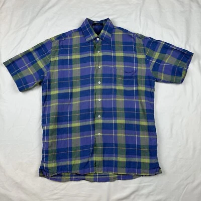 Alan Flusser Shirt Men’s M Blue Green Purple Plaid Short Sleeve Linen Golf - Image 1 of 4