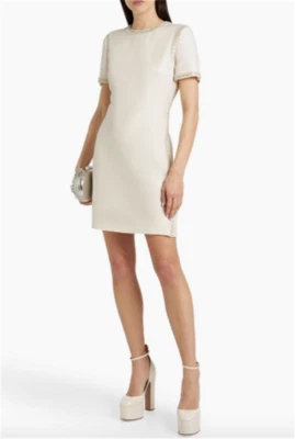 Valentino Ecru Wool-Silk Crepe Short Sleeve Crystal Embellished Dress US 6/8 - Image 1 of 4