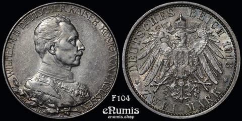 GERMANY PRUSSIA, Wilhelm II, 2 Mark 1913, 25th Year of Reign, XF-UNC/aUNC Cover