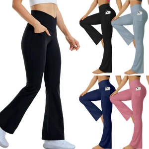 Womens Flare Yoga Pants Crossover Flare Leggings Workout Casual Bootcut Trousers - Picture 1 of 12