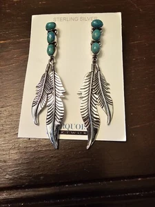 STERLING SILVER TURQUOISE AND  FEATHERS EARRINGS SOUTHWEST / POST - Picture 1 of 4
