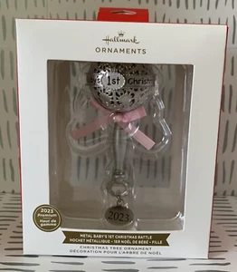 Hallmark Baby's First 1st Christmas 2023 Rattle Ornament Premium Metal Pink Girl - Picture 1 of 4