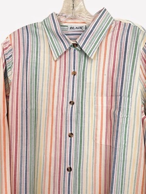 Blair 棉衬衫长袖口袋多色条纹中号全新带标签 — 第 1/4 张图片