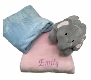 Personalised Embroidered New Born Baby Boy Girl Blanket Blue Pink With Elephant - Picture 1 of 7