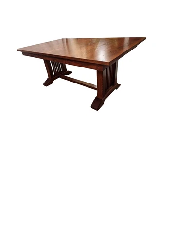 Mission-style solid oak table with two extension leaves and eight chairs Cover