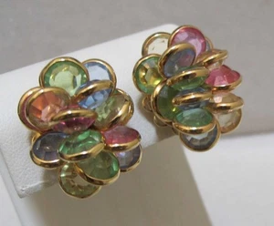 Bezel-Set Multi-Color Pink Yellow Green Blue Crystals Gold Tone 1” Clip Earrings - Picture 1 of 13
