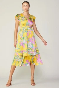 NWT Current Air Sereia Botanical Motif Midi Dress, Yellow, XS - Picture 1 of 5