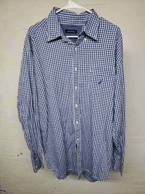Nautica Mens Long Sleeve Button Down Dress Shirt XXL 2X Blue White Plaid  - Image 1 of 4