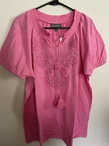 NWT Style & Co, Large, pink embroidery top, round neckline with tassel ties, New - Picture 1 of 3