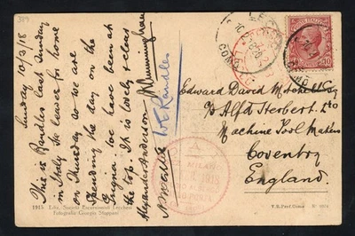 1918 Italy Postcard To GB Lake Como 10c Rare Carlo Porta Hotel & Mountain Refuge - Image 1 of 3