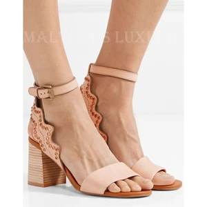 ZAPATOS SEE BY CHLOE SANDALIAS DE CUERO BEIGE CRISTAL FESTONEADO $350 talla 39 9 - Imagen 1 de 11