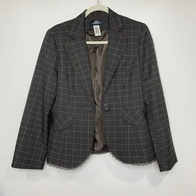 B. Moss Dress Collection Sz 8 Plaid Lace Trim Blue Blazer Women's Single Button - Image 1 of 4