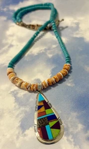 GRAN Collar Turquesa Colgante Navajo MM Plata Esterlina Gaspeite Coral Lapislázuli - Imagen 1 de 3