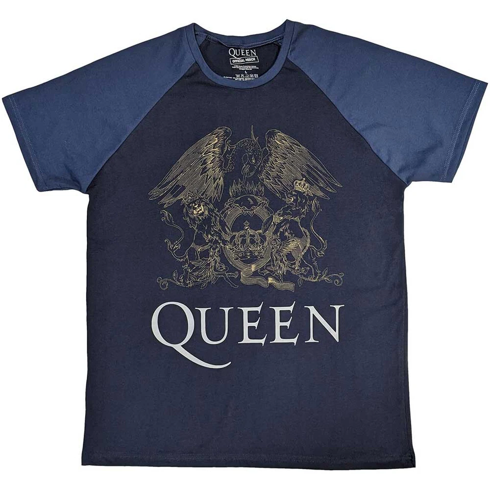 Queen - Freddie Mercury - Crest - Navy Blue & Denim Blue Raglan T-shirt - Image 1 of 1