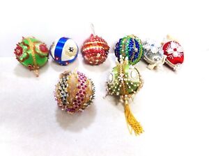 8 VINTAGE 1970's HANDMADE COLORFUL PUSH PIN BEADED SEQUINS CHRISTMAS ORNAMENTS