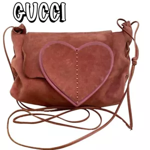 GUCCI Women's Heart Crossbody Shoulder Bag Suede Leather Red Pink Orange Ladies - Picture 1 of 10