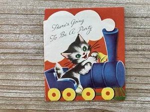 Cat in Train, There's Going To Be A Party, Birthday, Invitation, Vintage Card - Picture 1 of 4