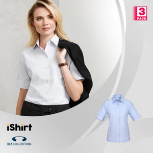 3PC X LADIES SHIRT POLY COTTON BUTTON COLLAR SHORT SLEEVE WORK SHIRT - Picture 1 of 9