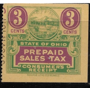 1939 US OHIO REVENUE violet/green PREPAID SALES TAX STAMP/CONSUMER 3c.used - Picture 1 of 2