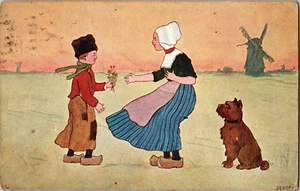 Terrier Dog Watching Dutch Courtship Windmill Vintage Depose Postcard Circa 1910 - Picture 1 of 6