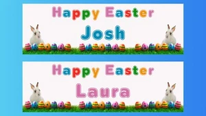2 PERSONALISED HAPPY EASTER ANY TEXT BANNERS CELEBRATE BOY OR GIRL EASTER BUNNY - Picture 1 of 3