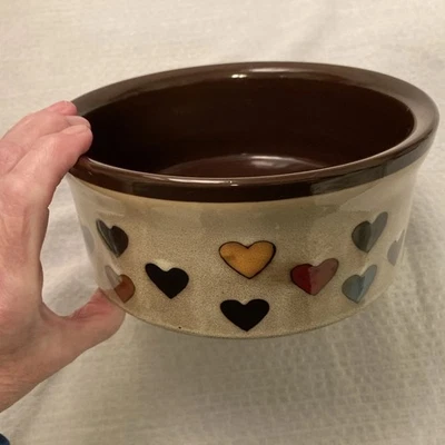 Large Stoneware Dog Bowl, Brown & Cream W Colorful Hearts Pattern, Almost 8”D - Image 1 of 4