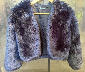 Kookai Cropped Fur Coat Jacket Sz 40 10 Navy / Violet - Picture 1 of 5