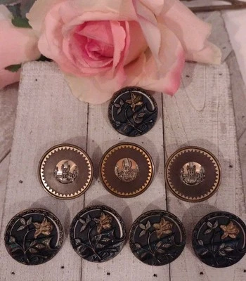 Antiguo Pictórico Botón Grande Lote de 8 Flores Victorianas y Escénicas  Foto 1 de 4