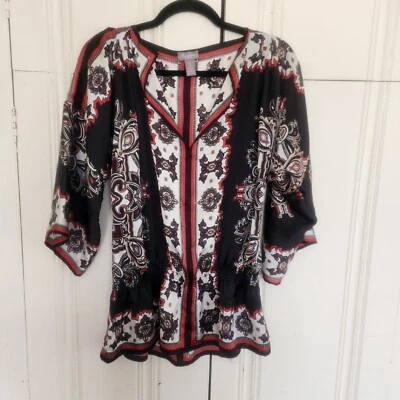 Bonita túnica kimono Chico's roja y negra bufanda blusa satinada sensación boho  Foto 1 de 4