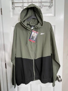 Reebok Men's Full Zip Training Jacket XL Mossy Green Black Hooded Lightweight - Picture 1 of 16