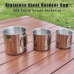 Silver Stainless Steel Camping Cup With Foldable Handle Durable Portable Hiking - Picture 1 of 10