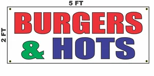 Burgers & HOTS Banner Sign for Hamburgers Hot dog Stand Restaurant or Food Truck - Picture 1 of 3