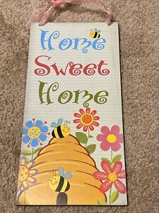 New Home Sweet Home Wood Sign Hanging Bees Flowers Beehive Spring Summer