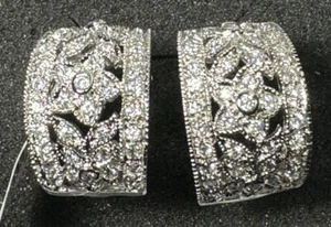 NWT Sterling Silver Hoop Earrings Bling Floral Scroll Crystals Omega Back - Picture 1 of 4